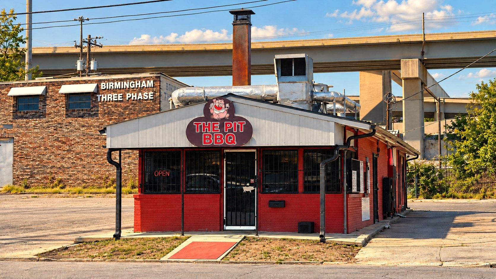 The Pit BBQ's red-brick building and pig sign on 10th Avenue North, with the interstate overpass behind it